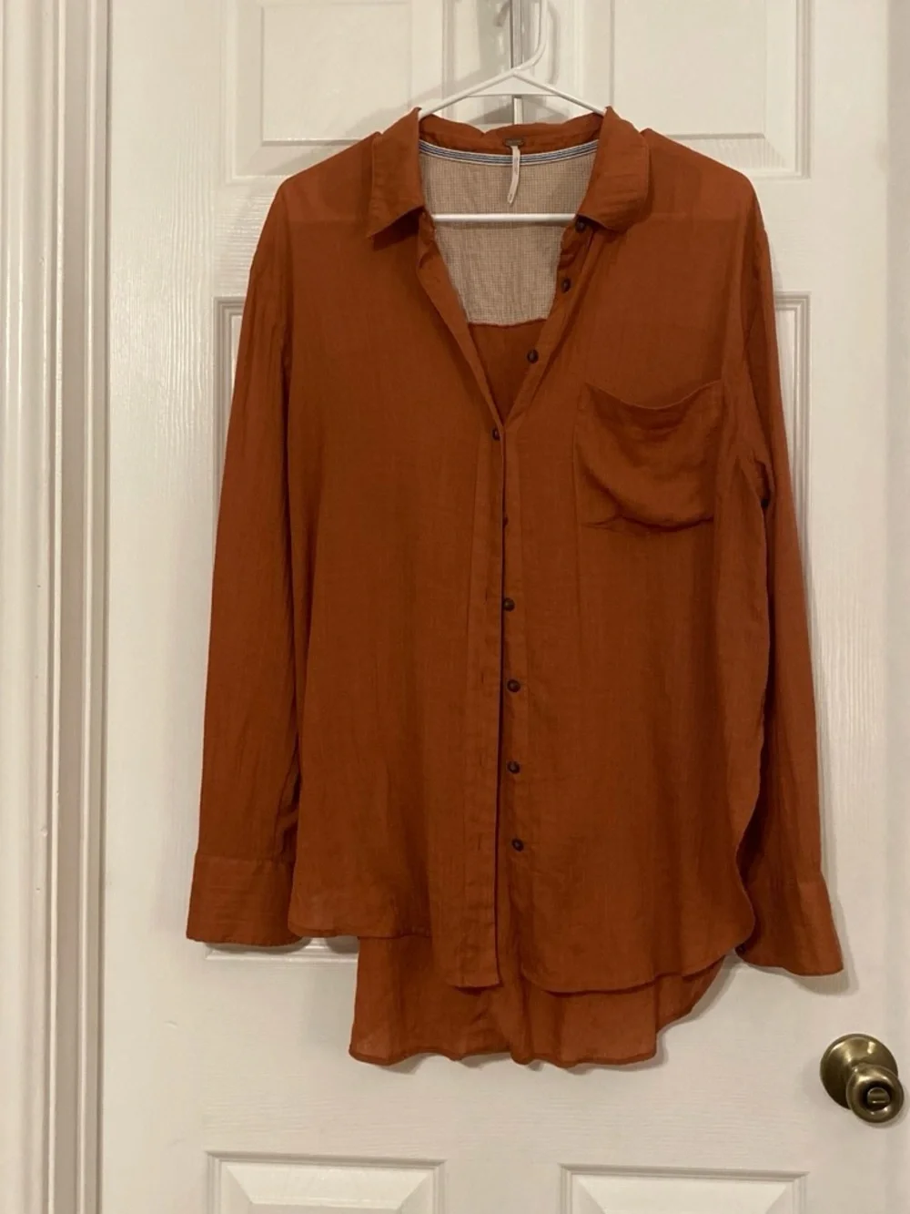 Free People Waffle Knit Top in Rust and Blue Trim